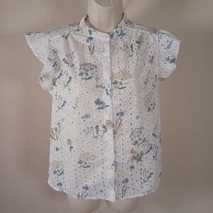 Adiva Eyelet Dainty Floral Ruffle Cap Sleeve Button Up Teacher Blouse Top Small